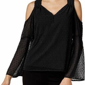 Kensie Black Cold-Shoulder Swiss Dot Blouse